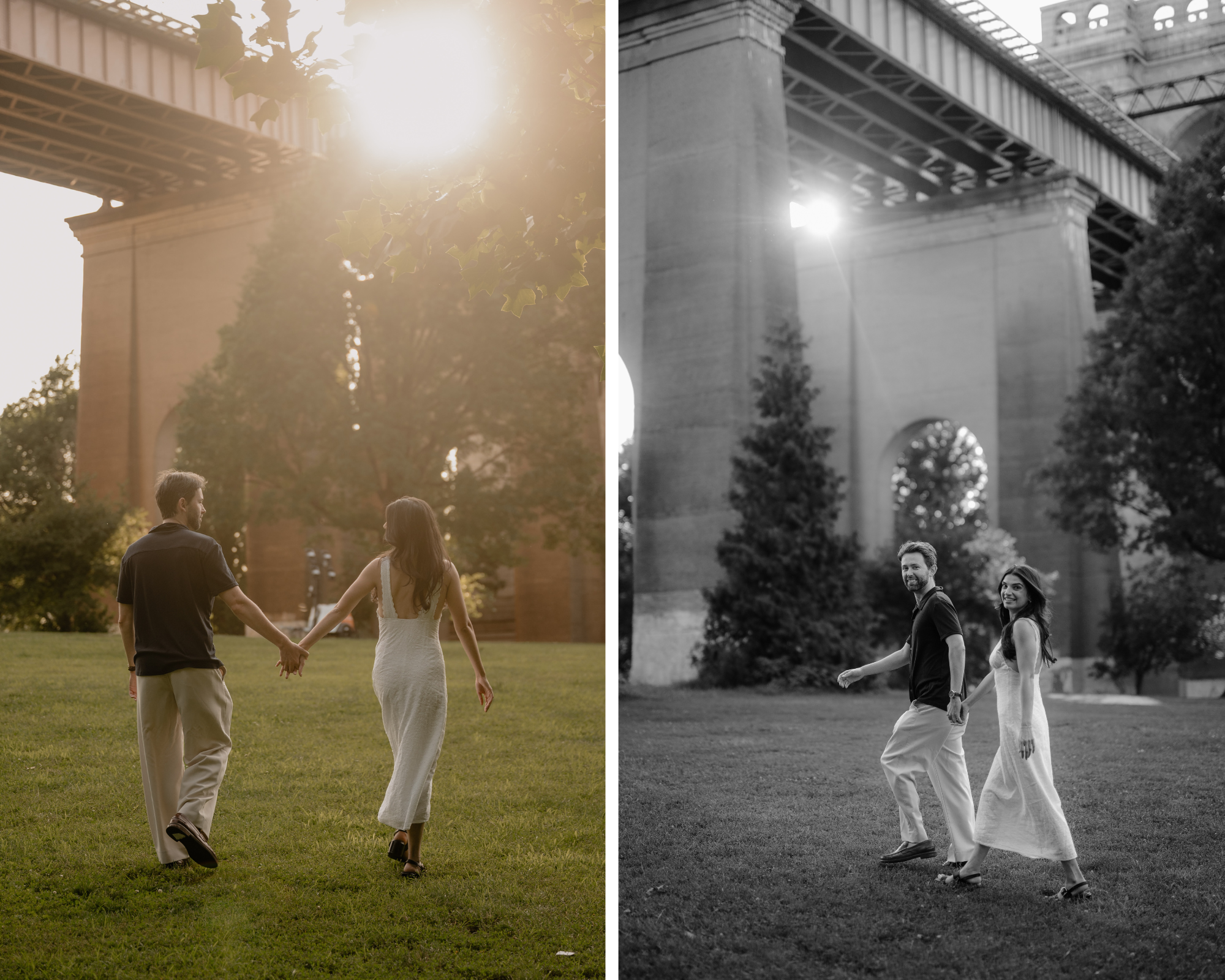 Couple walking while holding hands during their Romantic Engagement Session in Astoria Park.
