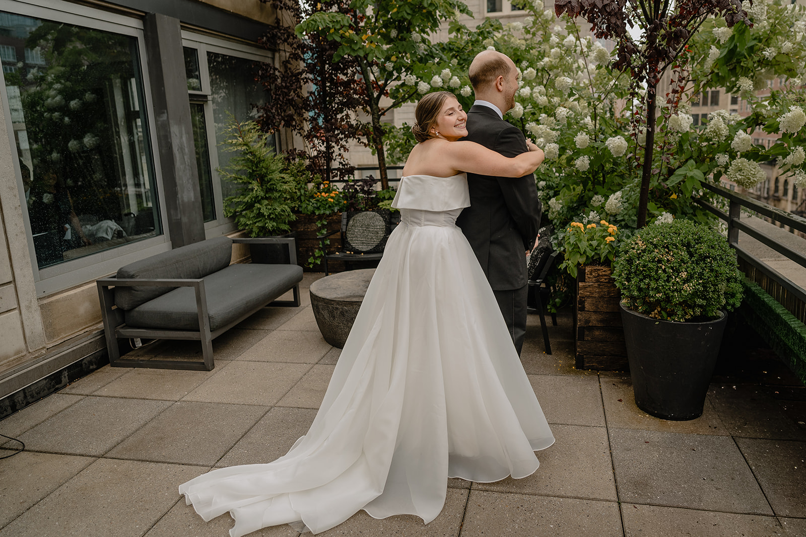 Couple's first look before their intimate wedding at Tribeca Rooftop