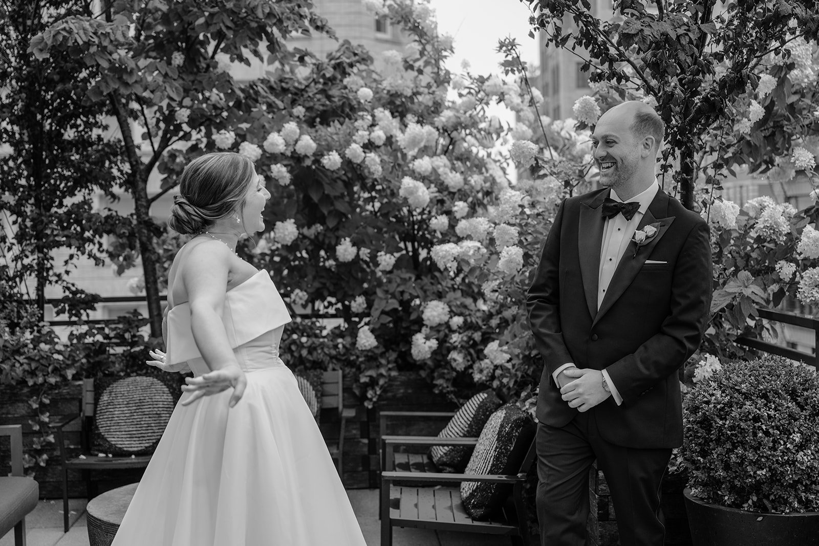 Couple's first look before their intimate wedding at Tribeca Rooftop