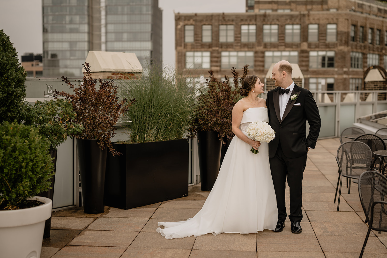Couple's portrait before their intimate wedding at Tribeca Rooftop