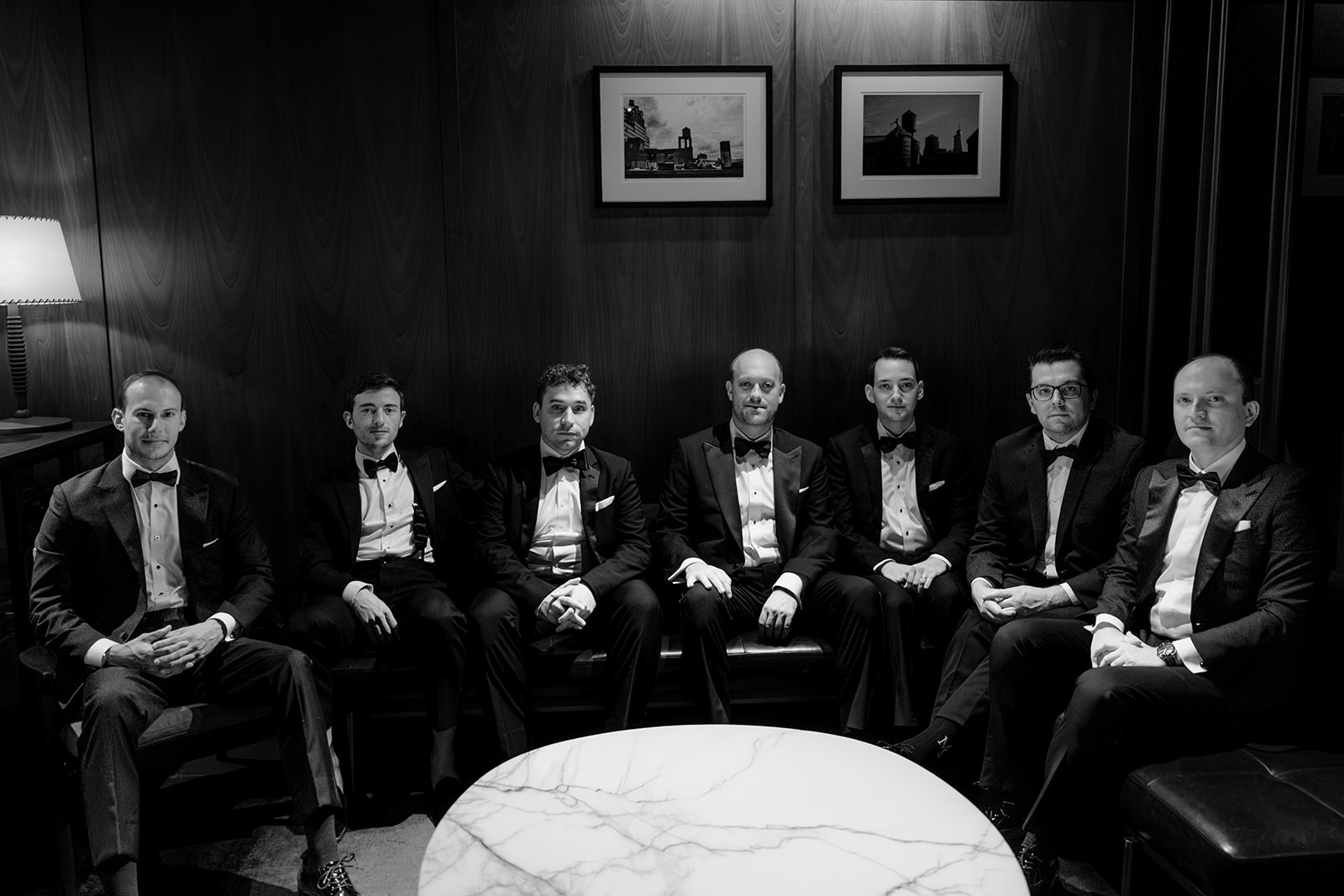 Groom with his groomsmen before their intimate wedding at Tribeca Rooftop