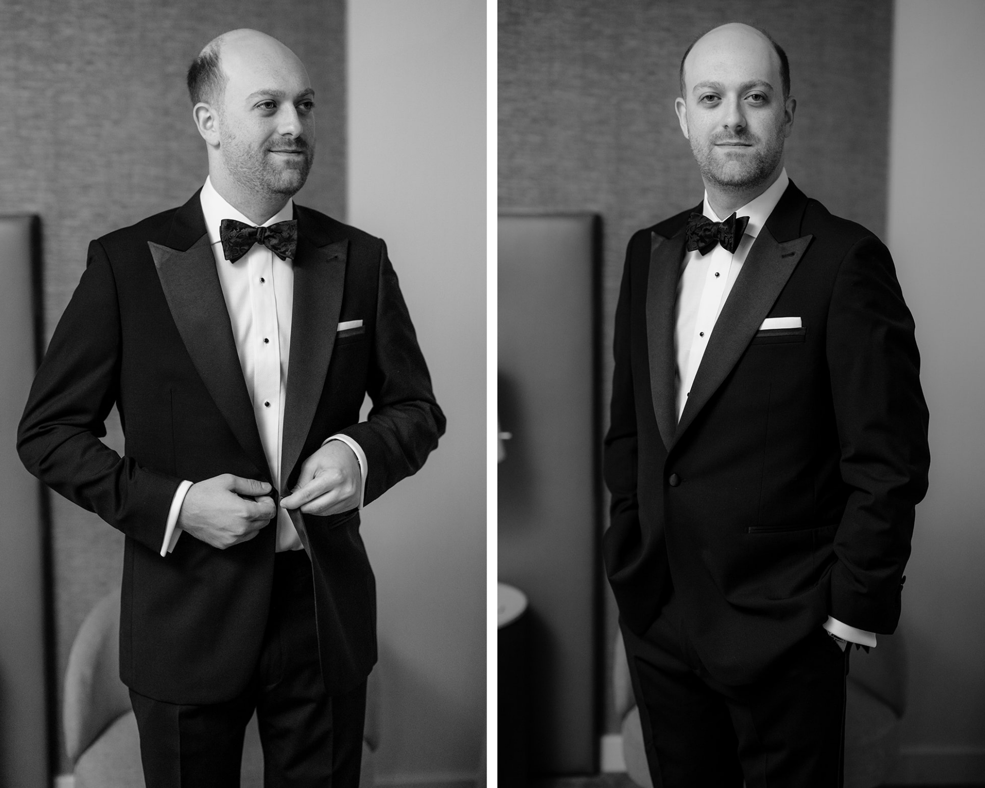 Groom's portrait before their intimate wedding at Tribeca Rooftop