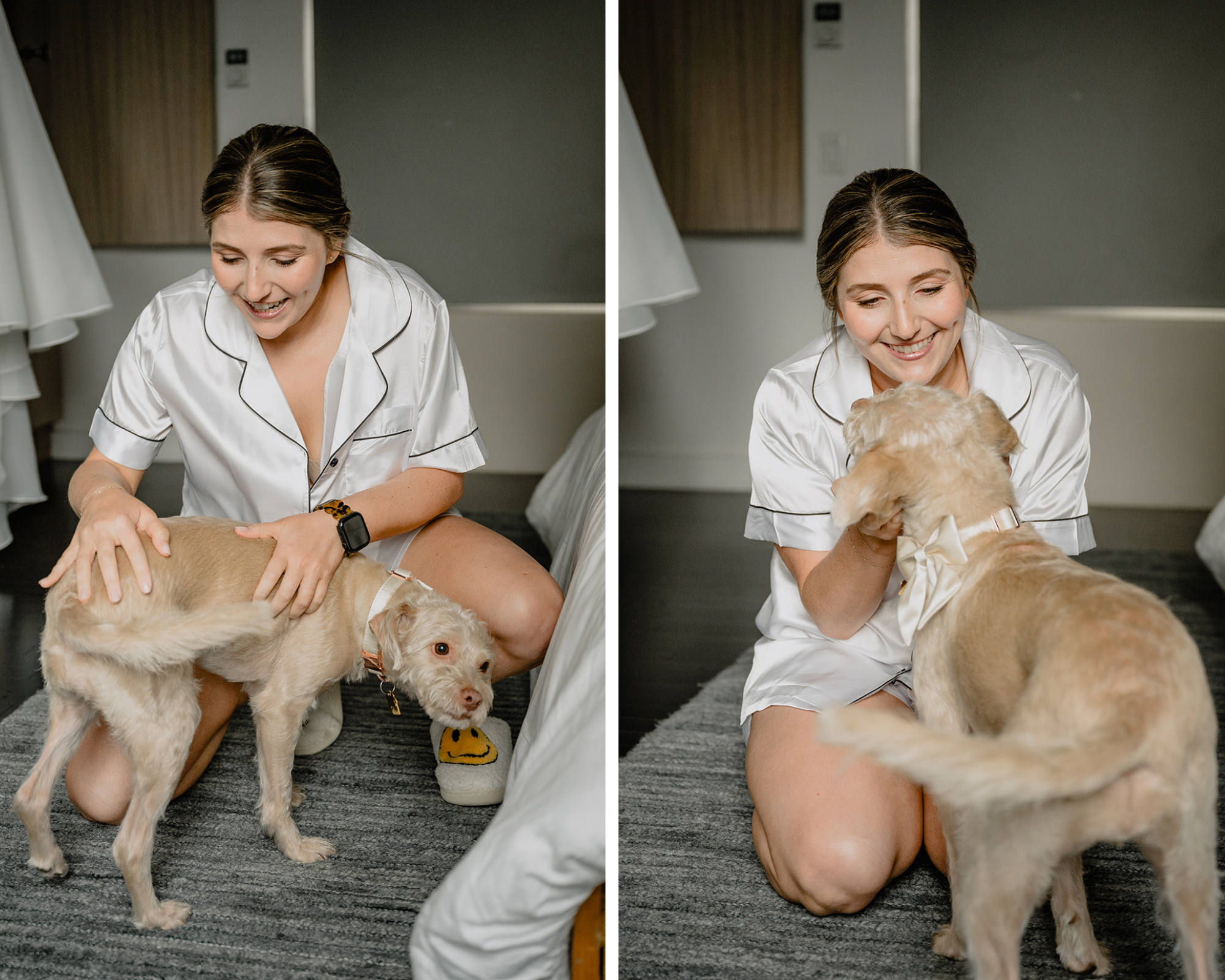 Bride with her fur baby before their intimate wedding at Tribeca Rooftop