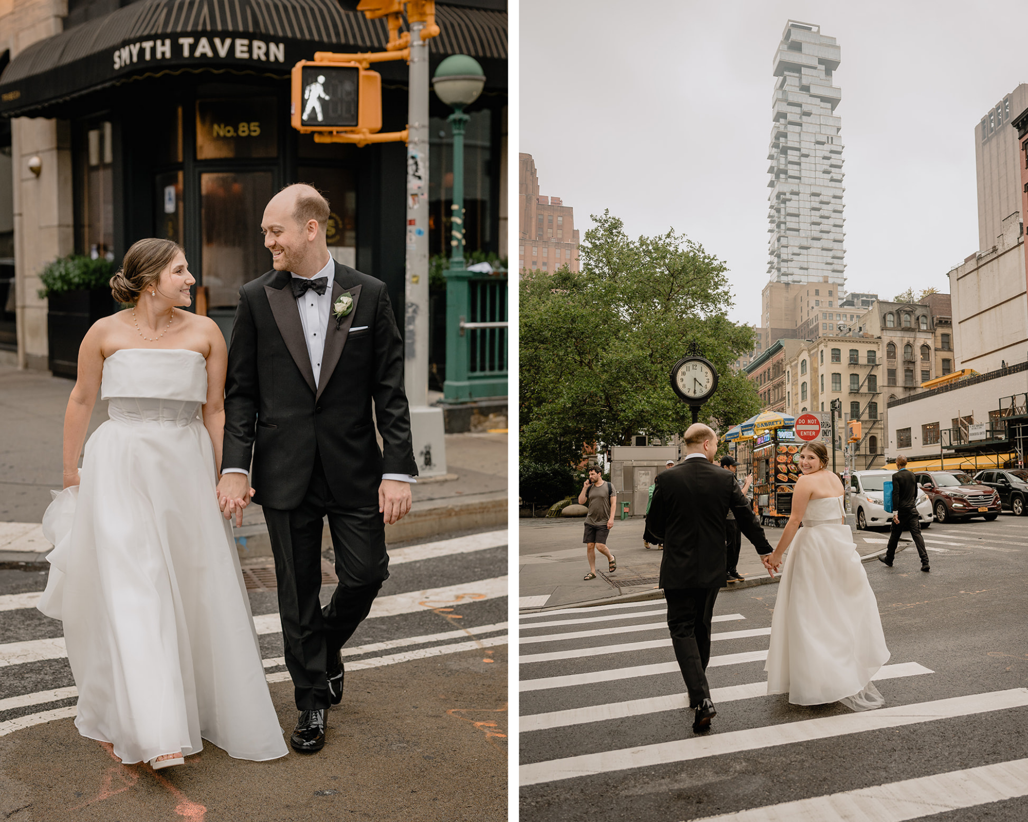 Couple walking in the streets before their intimate wedding at Tribeca Rooftop