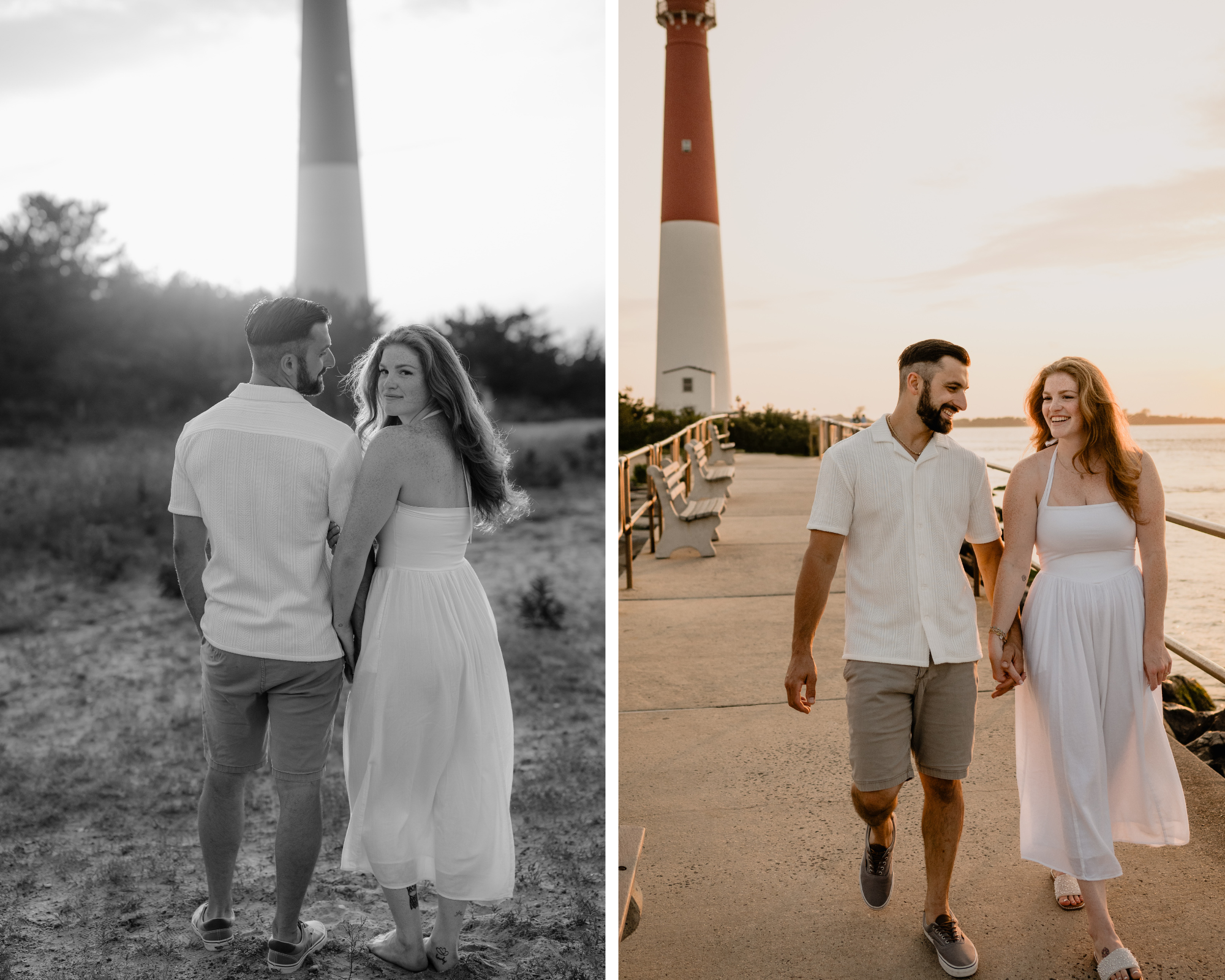 Couple walking while holding hands during their Engagement Session at Barnegat Lighthouse