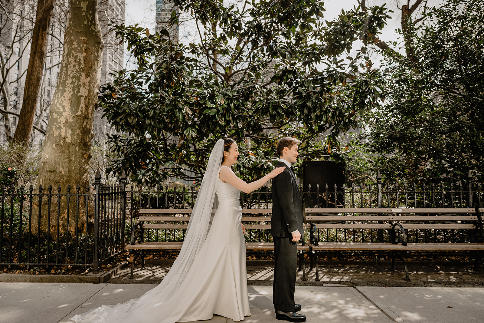 Couple's first look by the park before their Wedding at Blackbarn.