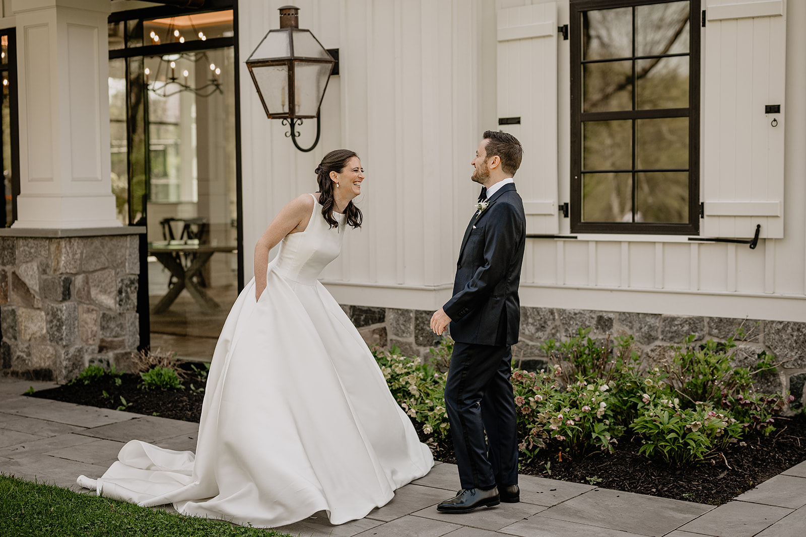 Couple's first look before their beautiful wedding at Crossed Keys Estate.