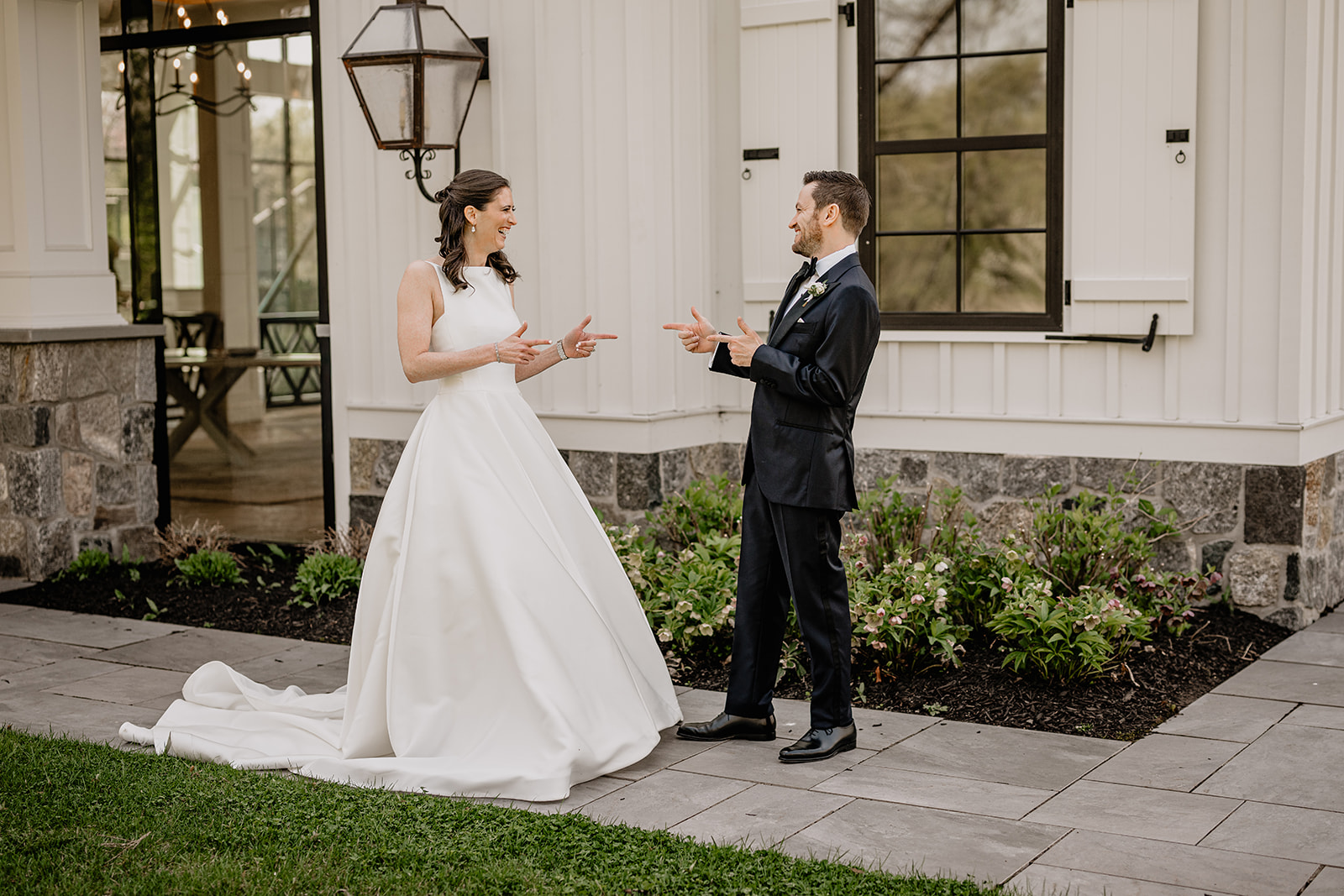 Couple's first look before their beautiful wedding at Crossed Keys Estate.