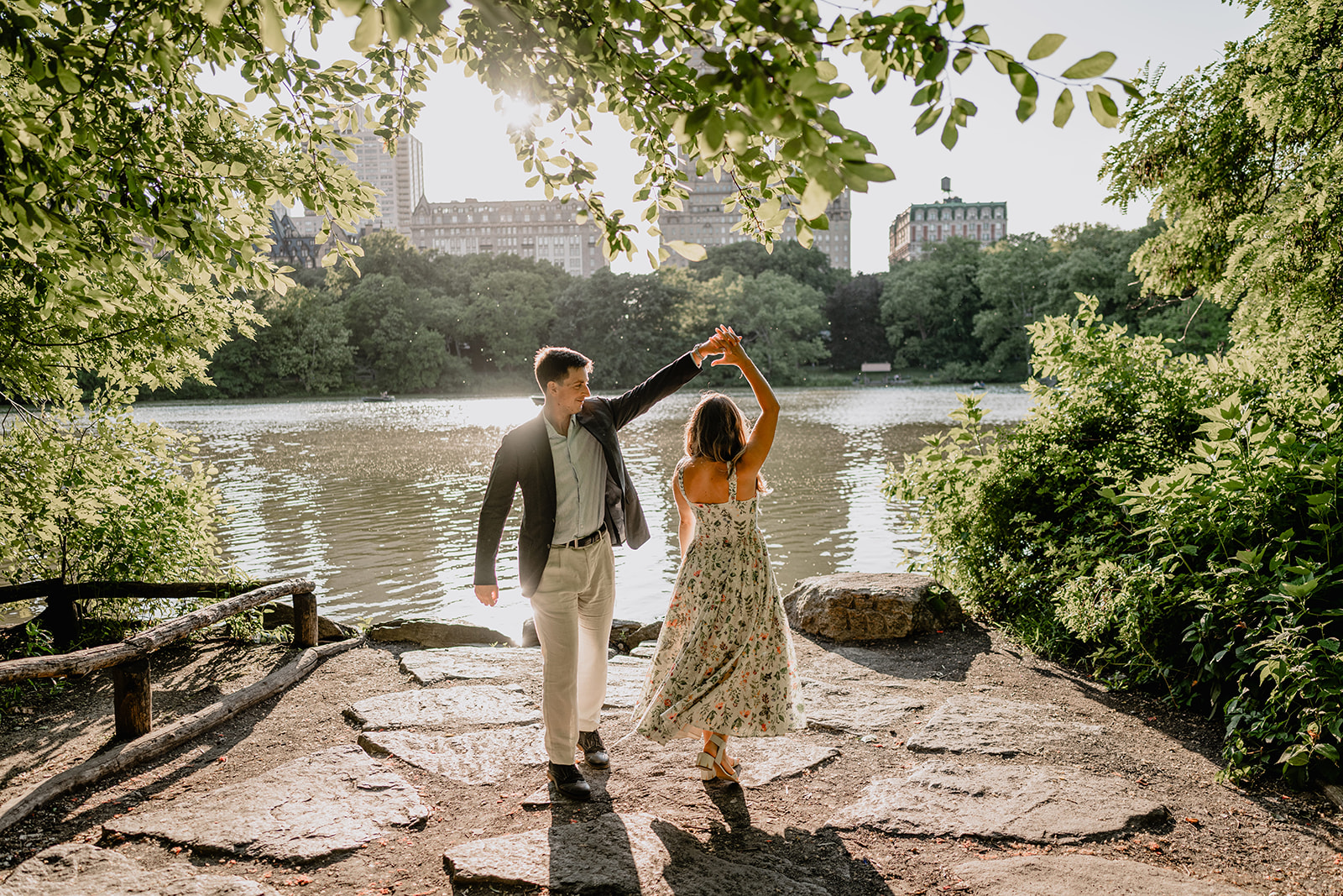 Couple by the lake during Engagement Session in Central Park.