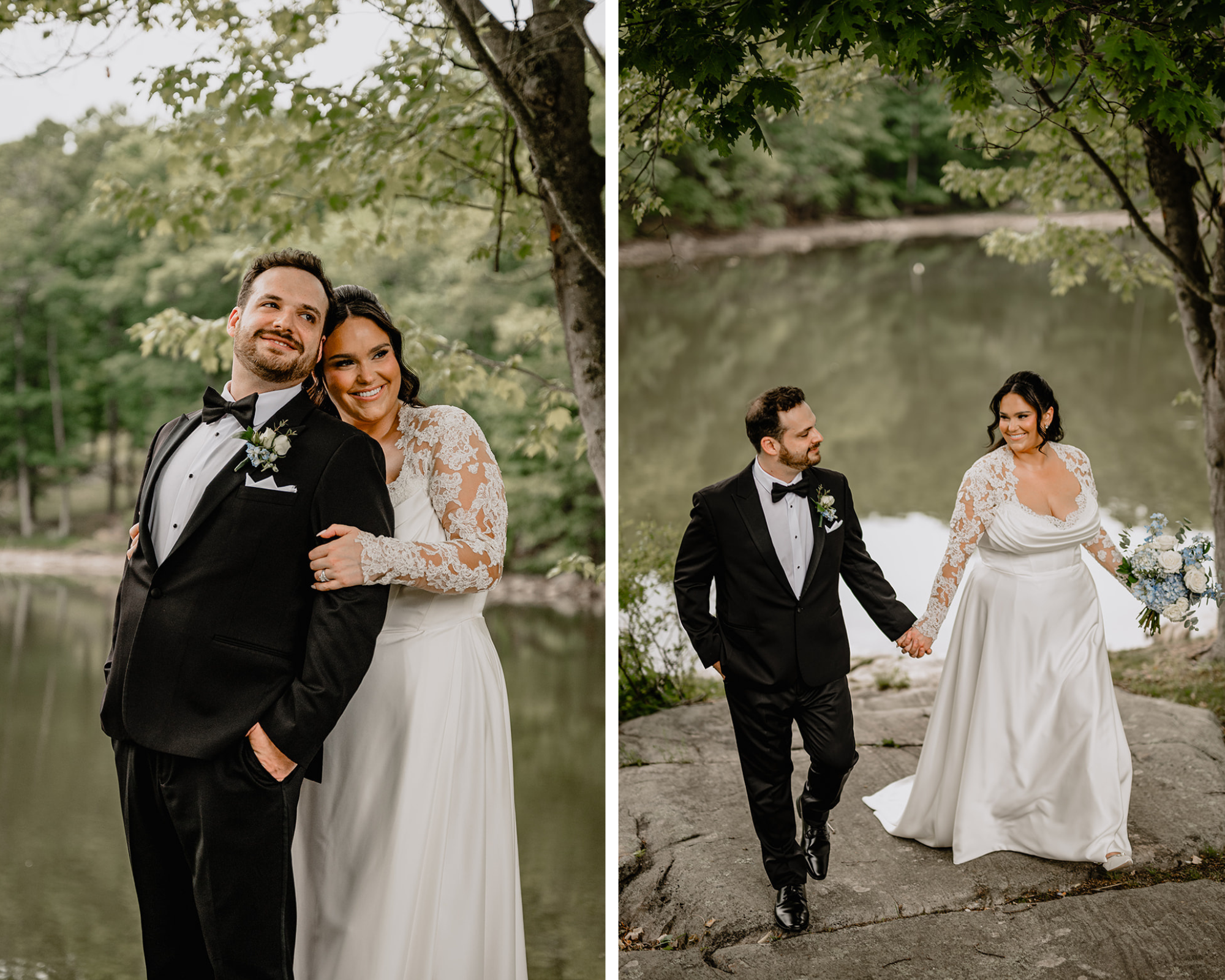 Couple by the lake before their Beautiful Wedding at Perona Farms Refinery