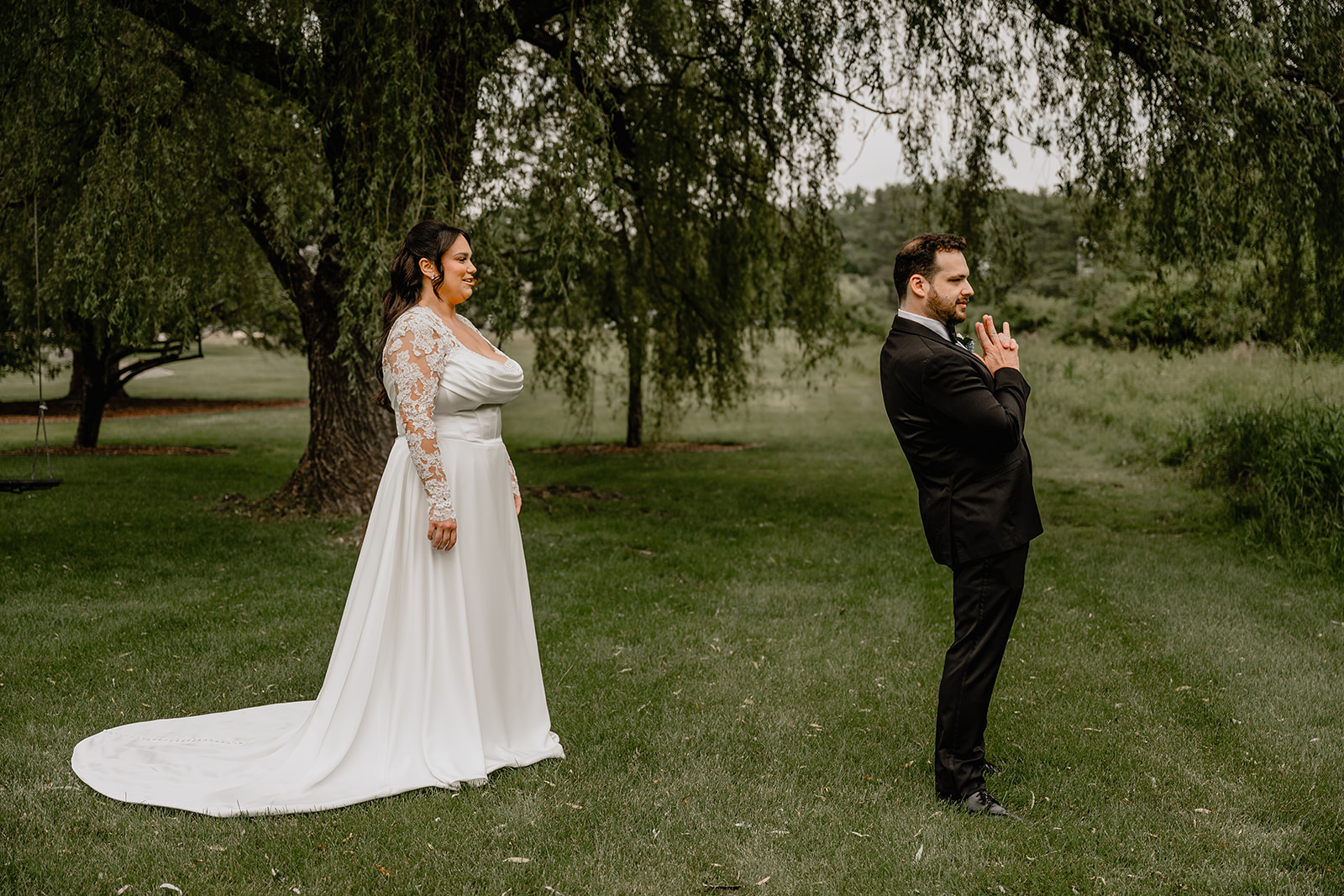 Couple's first look before their Beautiful Wedding at Perona Farms Refinery