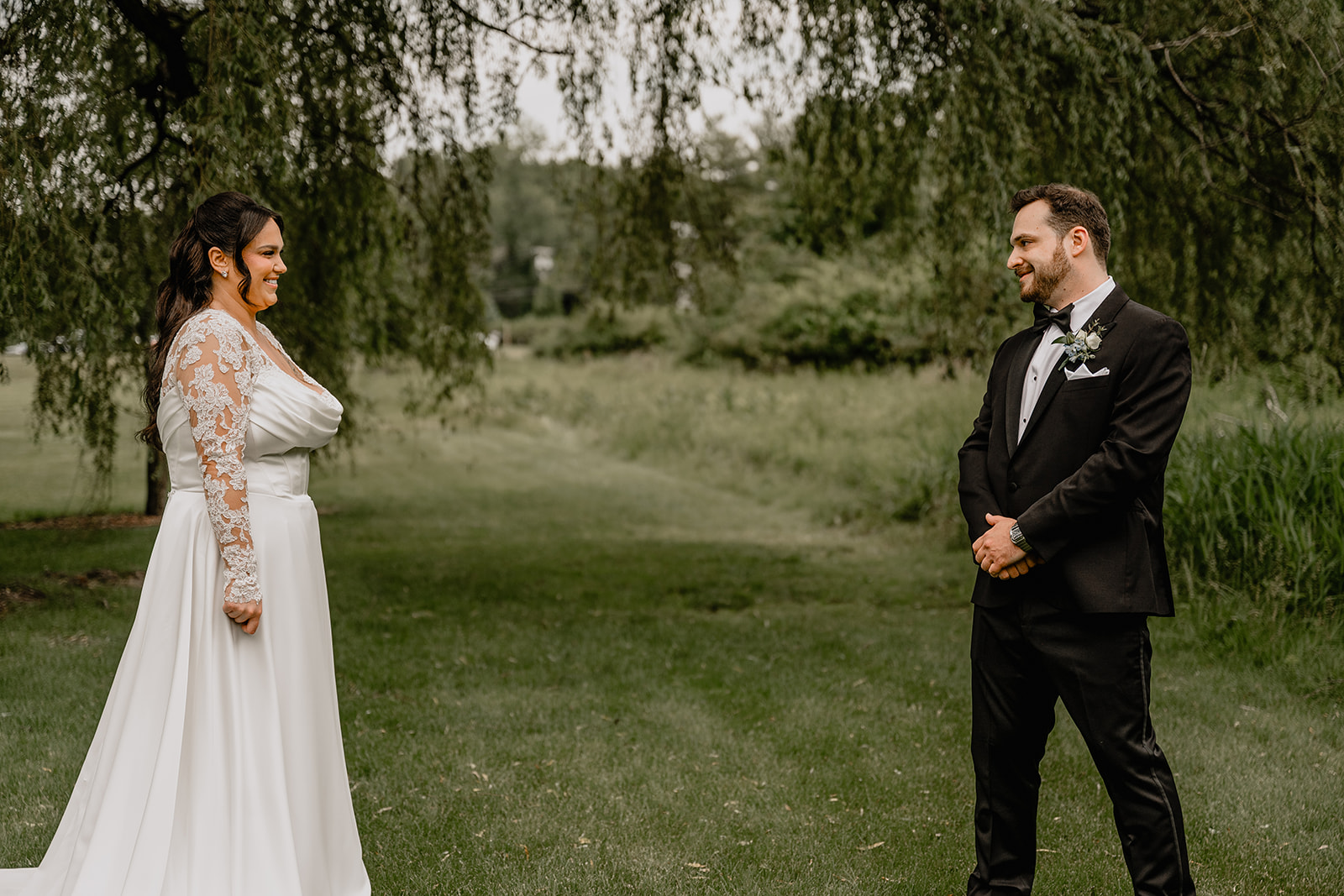 Couple's first look before their Beautiful Wedding at Perona Farms Refinery